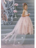 Beaded Pink Eyelash Lace Satin Flower Girl Dress With Cape